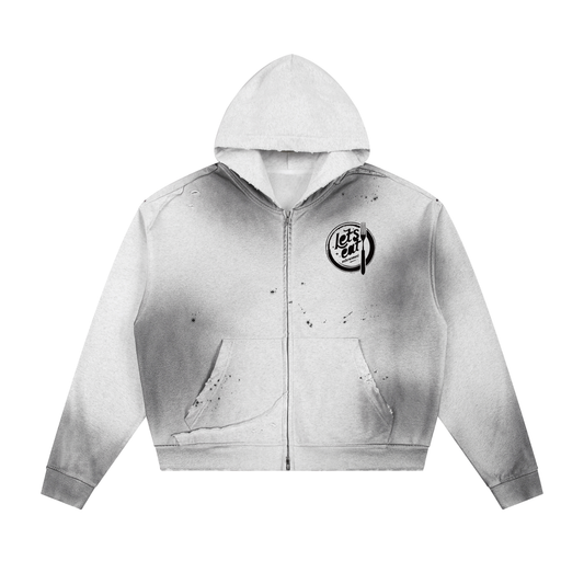 Sun Fade Frayed Raw Edge Fleece Zip Hoodie