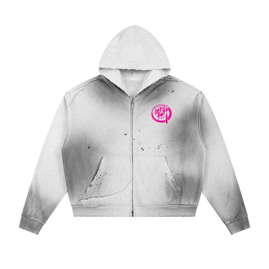 Sun Fade Frayed Raw Edge Fleece Zip Hoodie