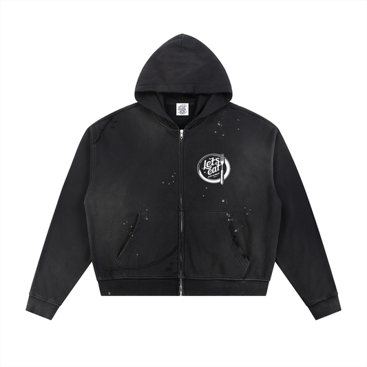 Sun Fade Frayed Raw Edge Fleece Zip Hoodie
