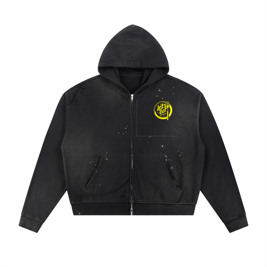Sun Fade Frayed Raw Edge Fleece Zip Hoodie